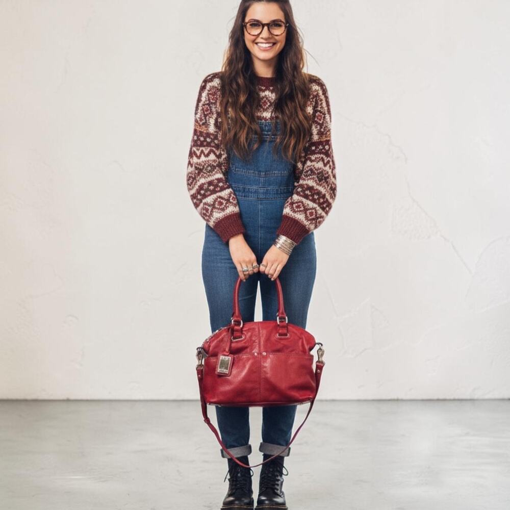 Tignanello Red Genuine Leather Satchel Shoulder Bag Crossbody Purse Pockets